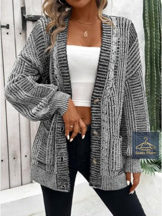 Oversized Cable Knit Cardigan Sweater Long Sleeve with Pockets - Picture 3 of 7